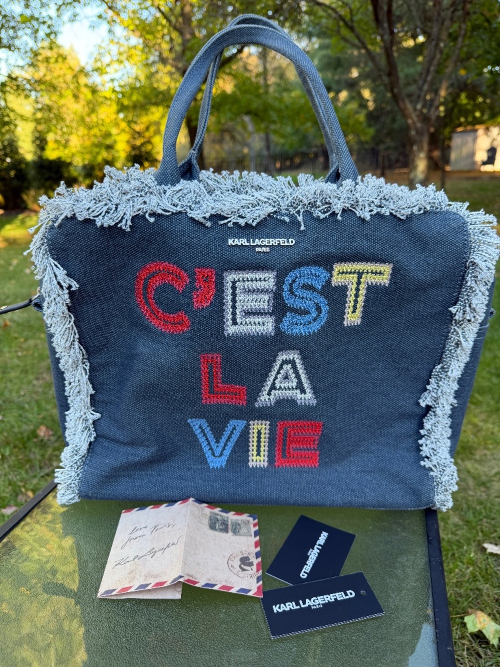 Karl Lagerfeld Fringe Zip MARGOT Denim 'C’EST LA VIE'  Tote Women RARE
